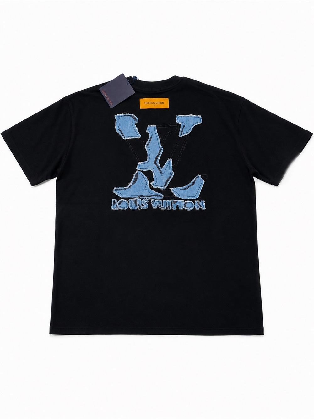 Louis Vuitton Black Tee with Distressed Blue Denim LV Logo
